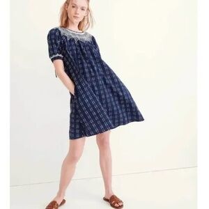 Madewell Embroidered Puff-Sleeve Babydoll Dress in Indigo Plaid